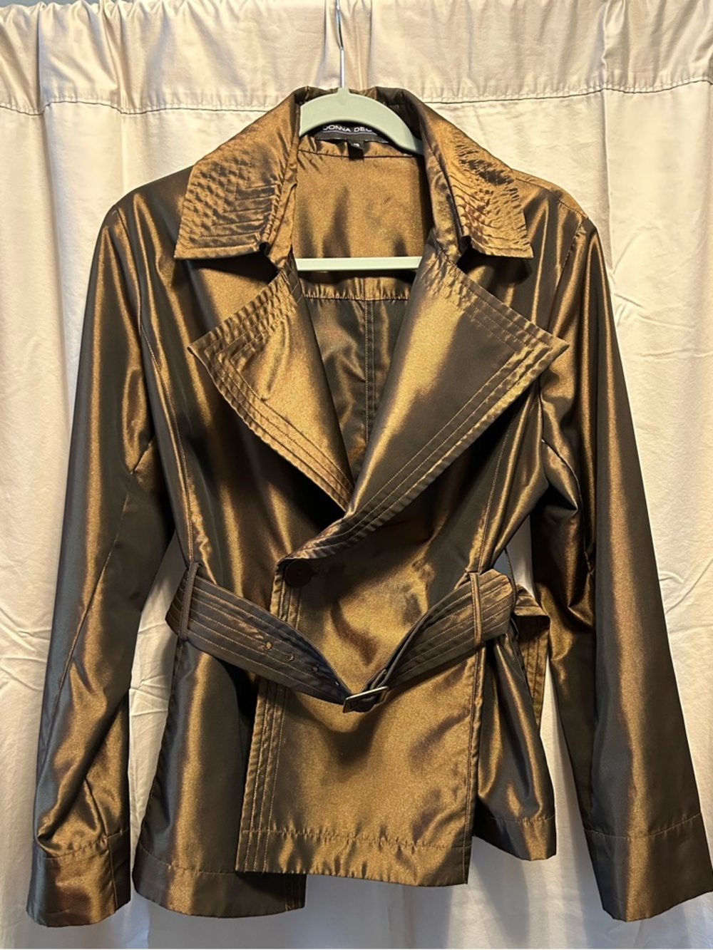 Women's Metallic Asymmetrical Brown Belted Lightweight Short Trench Coat